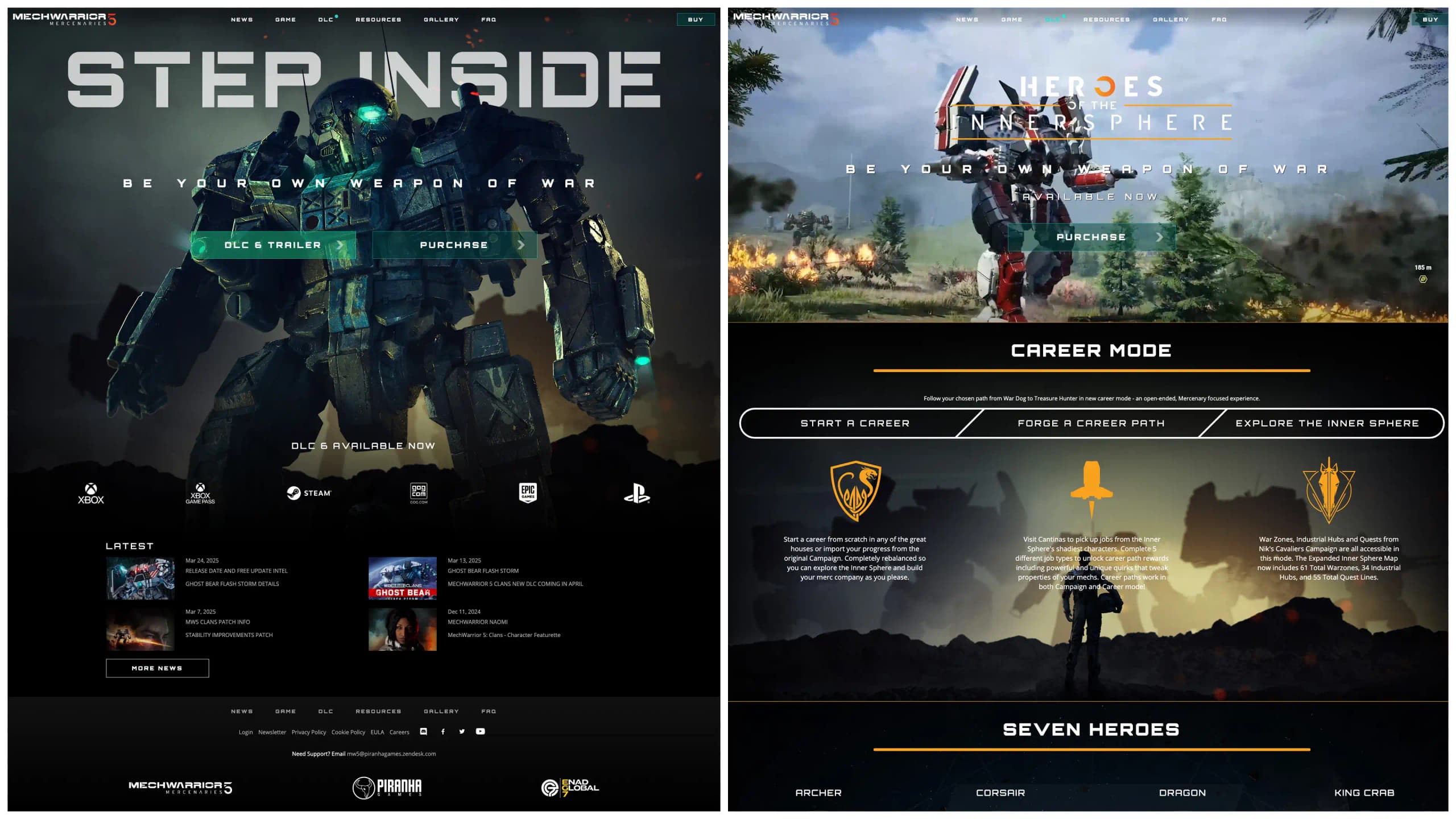 MW5 Mercenaries homepage and DLC one page designs